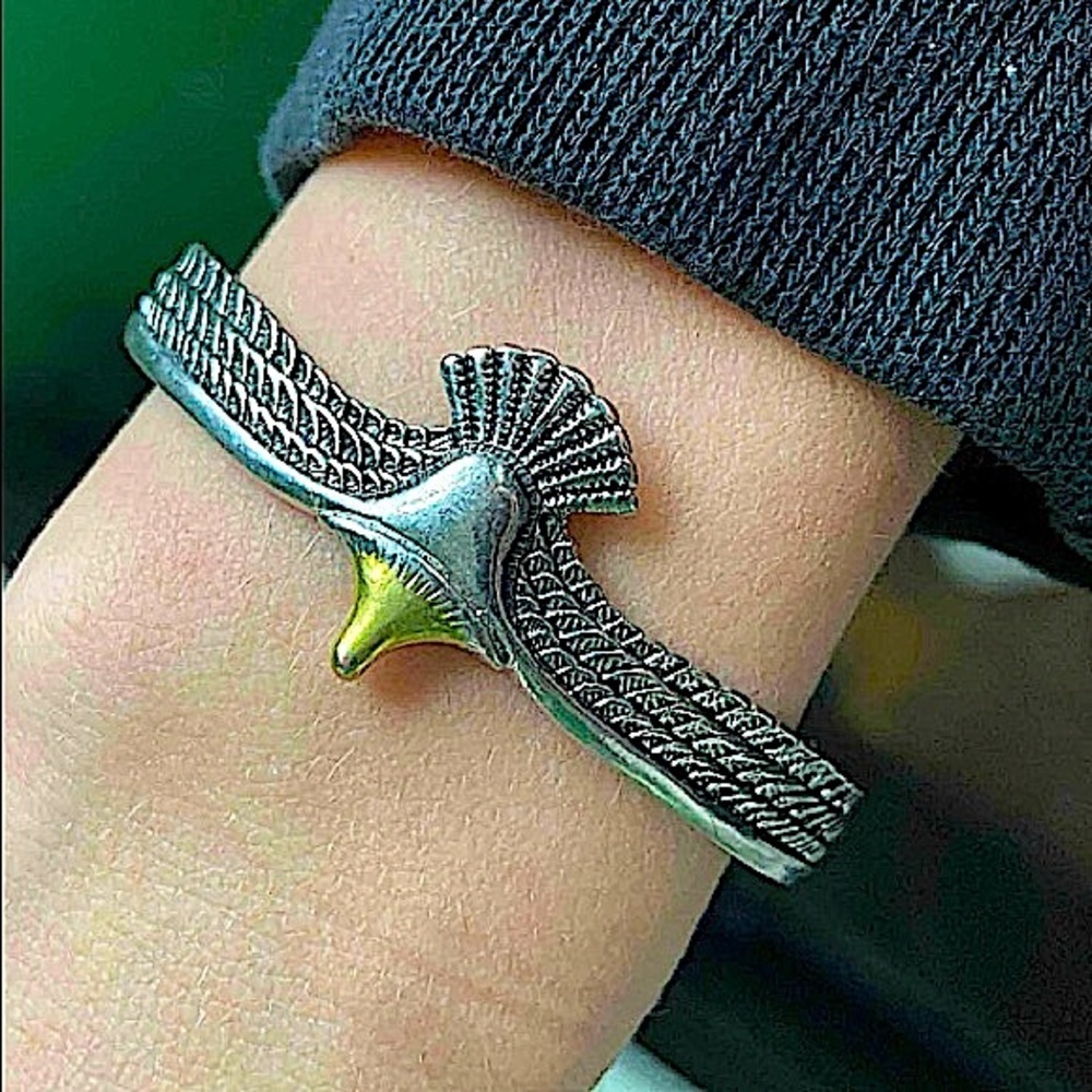 Silver Gold Eagle Cuff Bracelet Southwestern Feather Detail Statement Jewelry